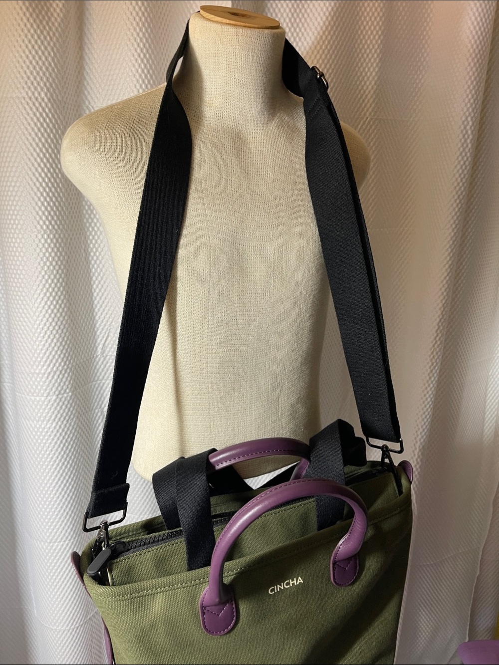 Cincha Olive convertible Canvas Satchel w/Purple Leather Handles & Black Strap - Picture 3 of 9